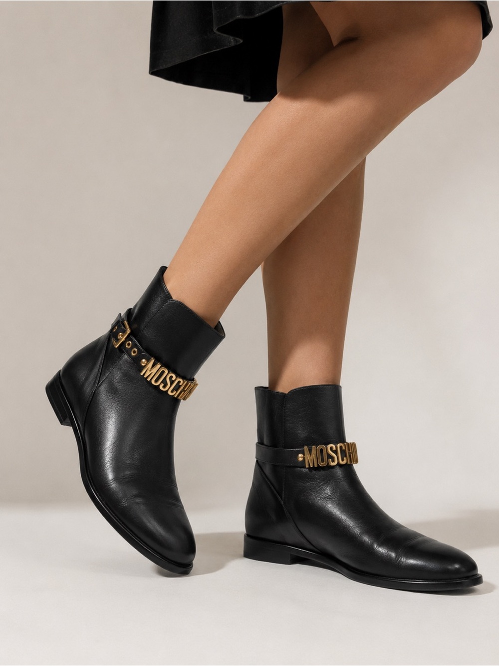Moschino Black Leather Gold Moschino Logo Belt Ankle Boot Booties size 39